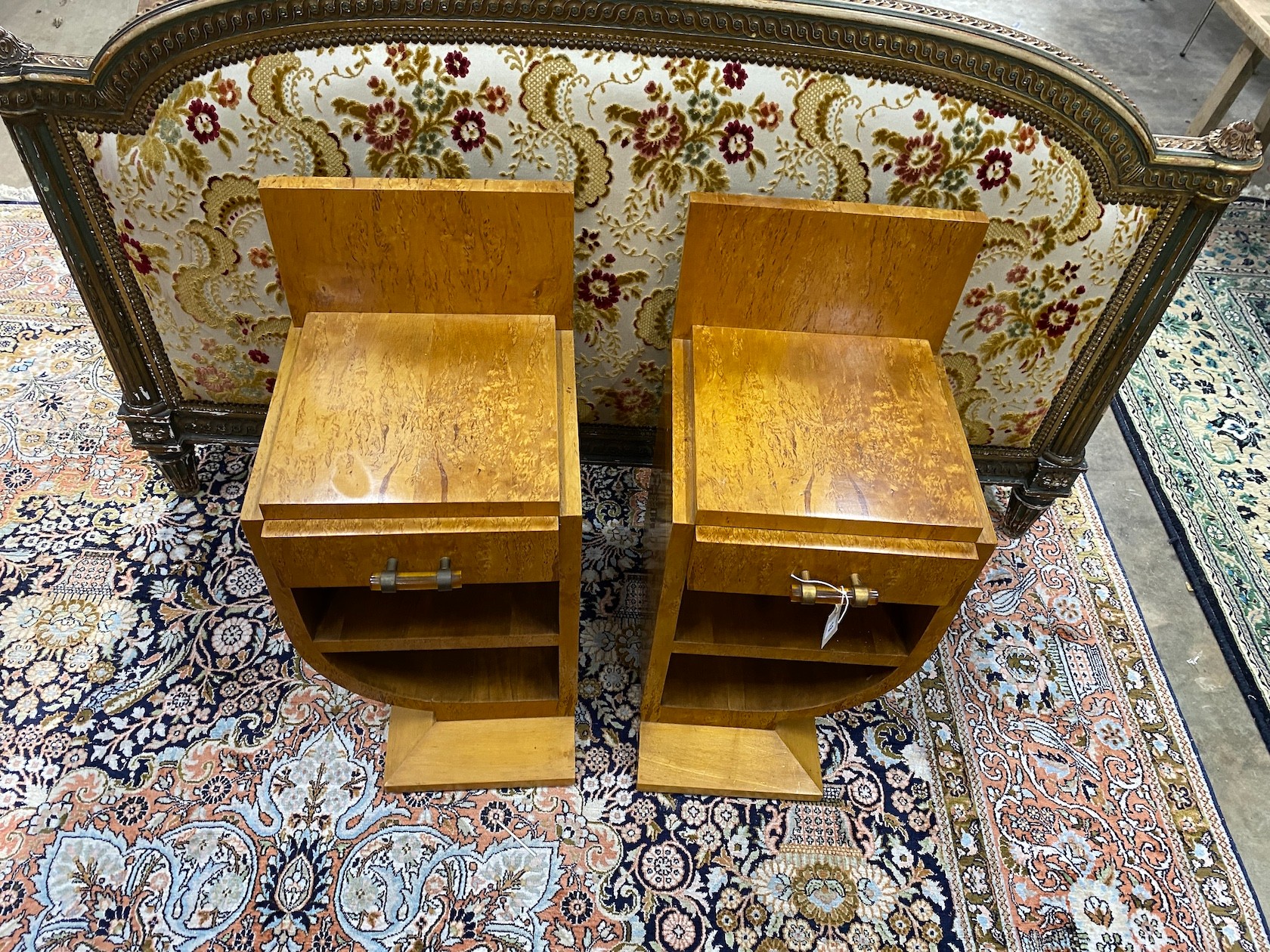 A pair of Art Deco birds eye maple side cabinets, width 38cm, depth 41cm, height 75cm